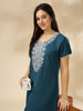 Sadabahar Electric Blue Embroidered A-Line Nighty - Comfortable Sleepwear