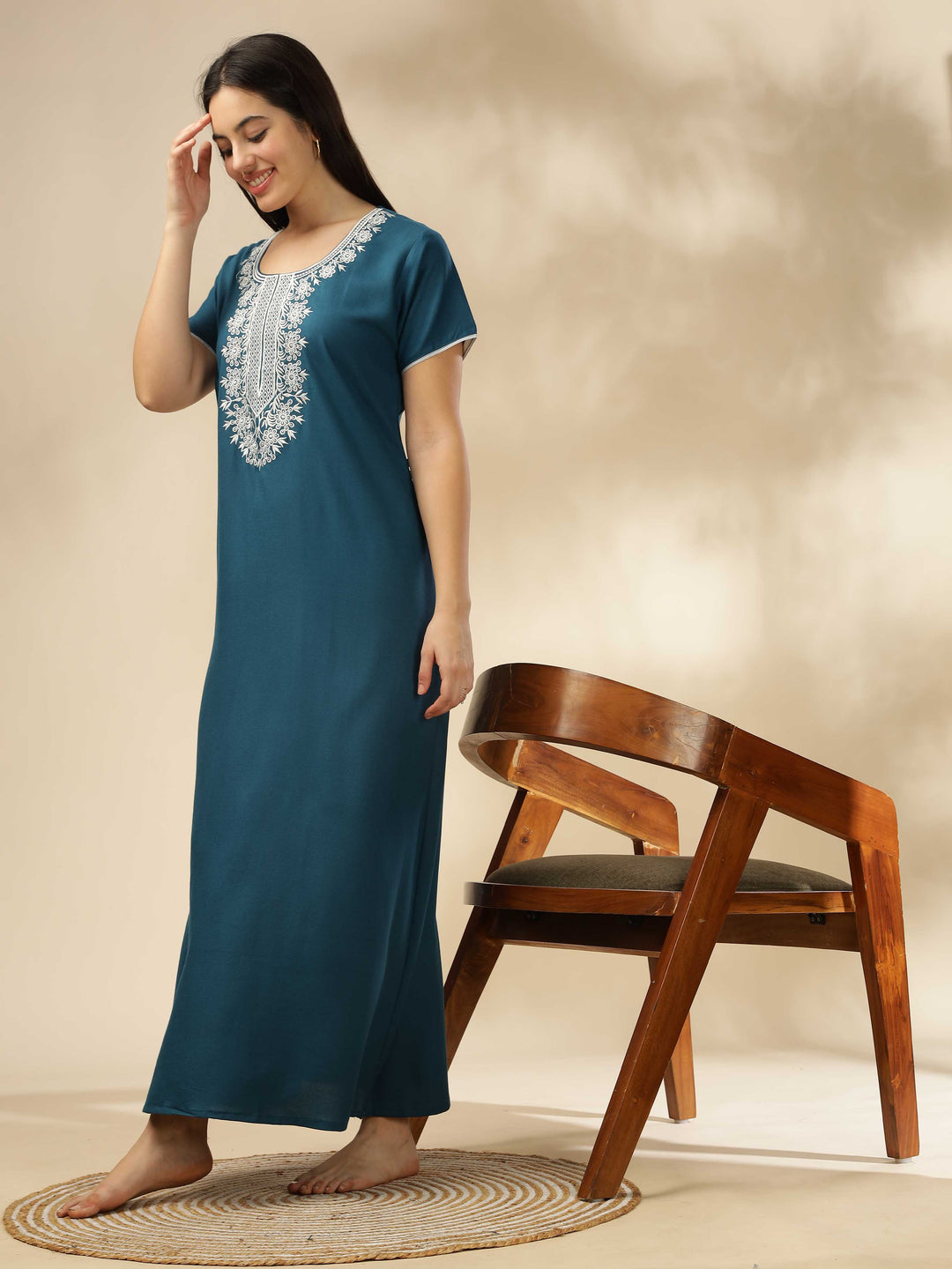 Blue a-line modern nightgown for women with embroidery