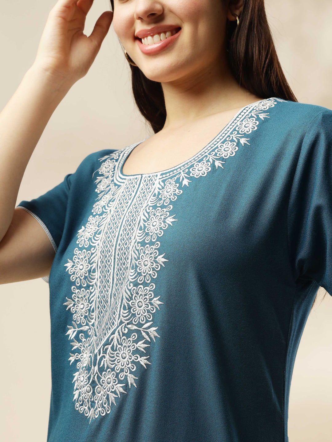 Blue a-line modern nightgown for women with embroidery