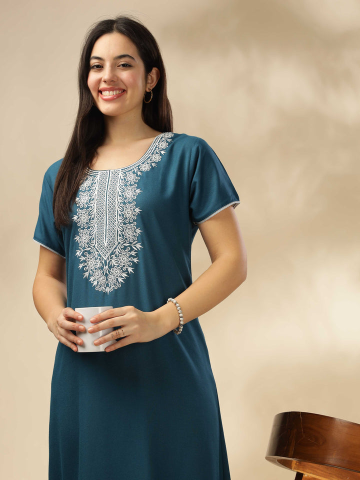 Blue a-line modern nightgown for women with embroidery