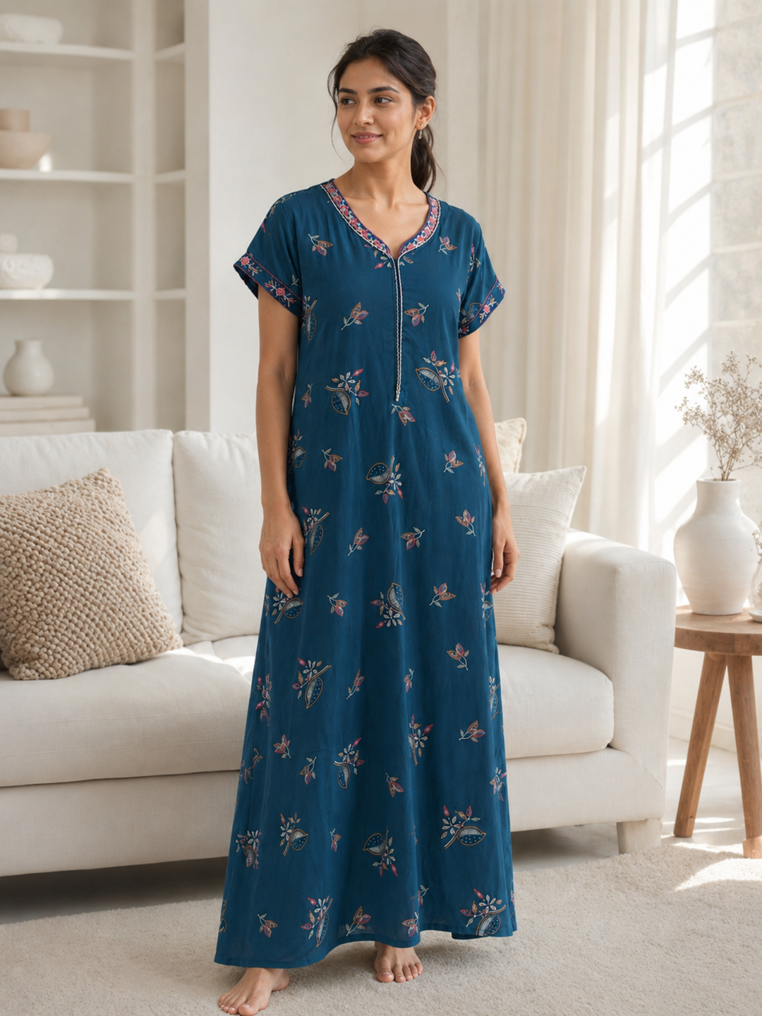 Teal botanical designer nighty for women featuring a premium posy print.