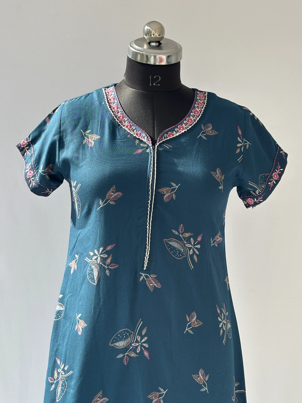 Teal botanical designer nighty for women featuring a premium posy print.