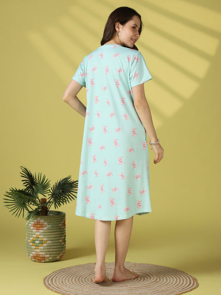 Tiffany blue bow print short nighty dress for women