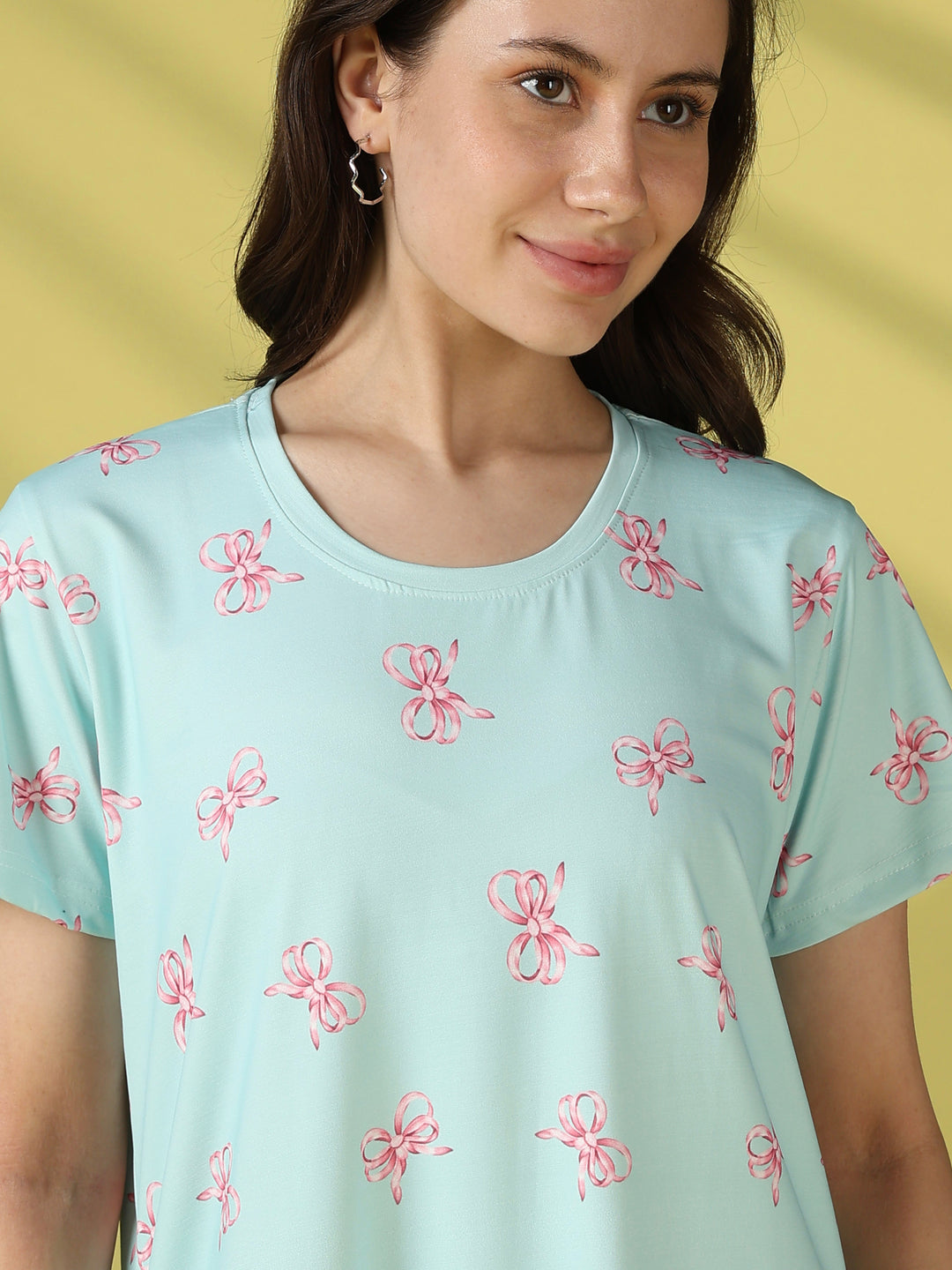 Tiffany blue bow print short nighty dress for women