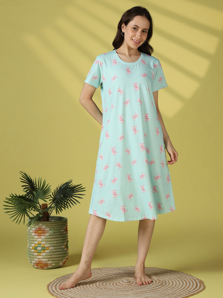 Tiffany blue bow print short nighty dress for women