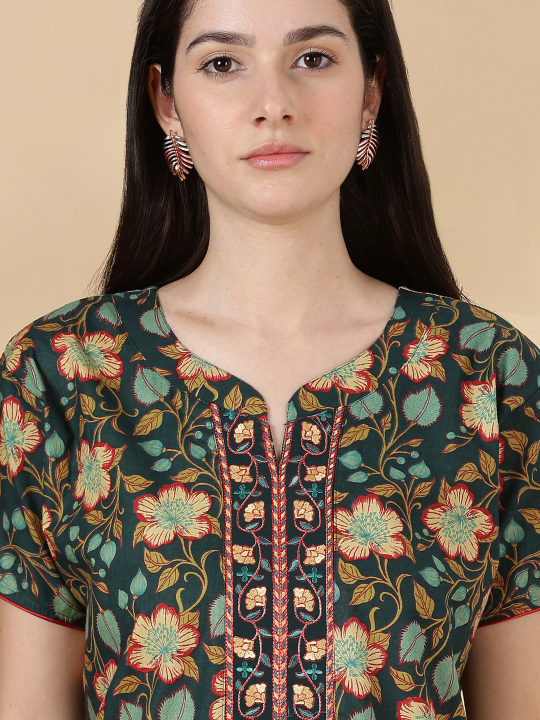 Green floral branded pure cotton nighty for women