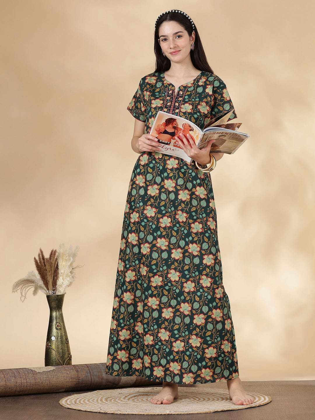Green floral branded pure cotton nighty for women