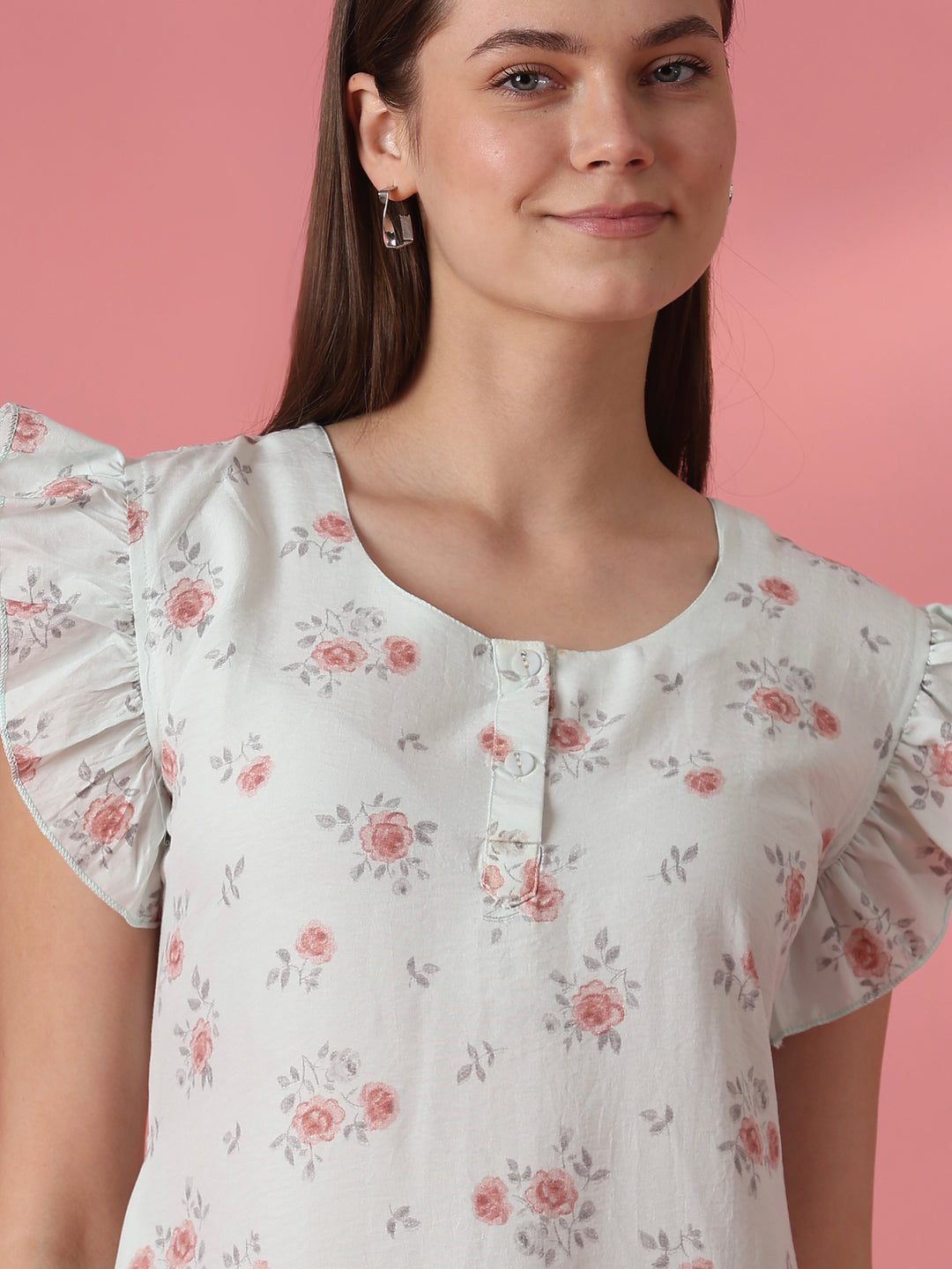 Rosy sage rose motif short nighty for women online
