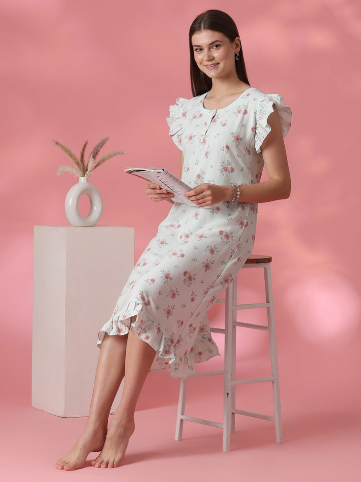 Rosy sage rose motif short nighty for women online