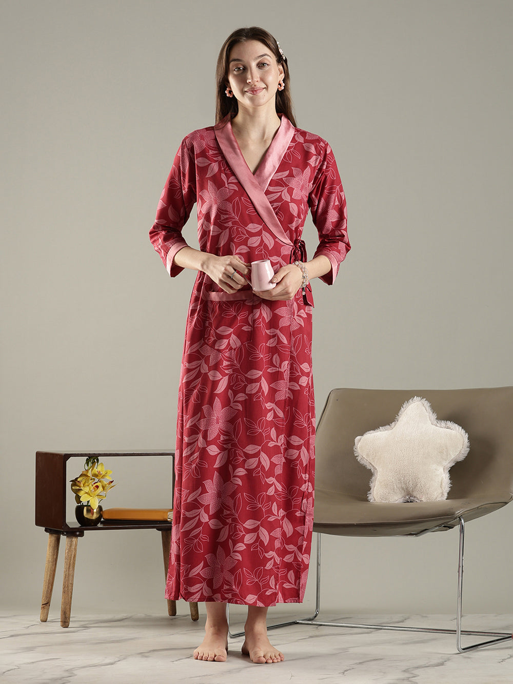 Brick red floral wrap house coat for women in soft viscose blend