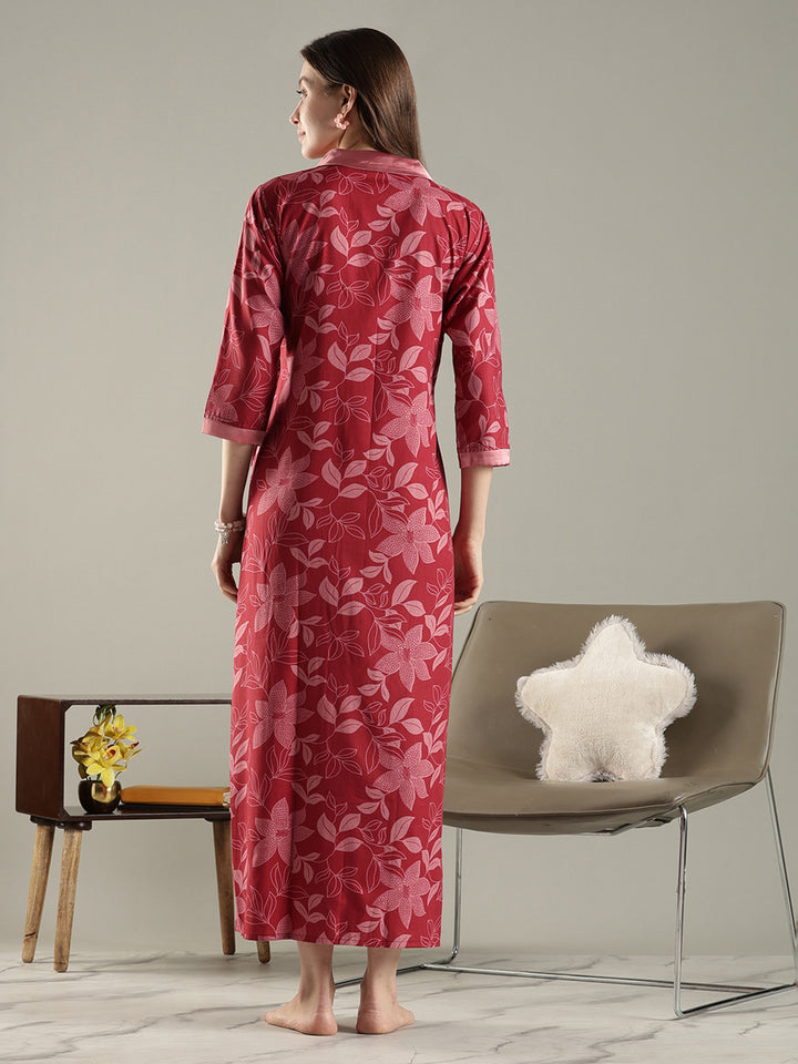 Brick red floral wrap house coat for women in soft viscose blend