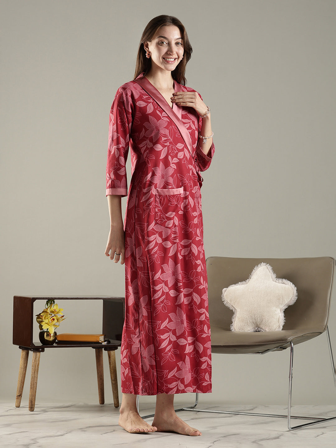 Brick red floral wrap house coat for women in soft viscose blend