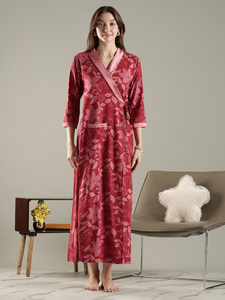 Brick red floral wrap house coat for women in soft viscose blend