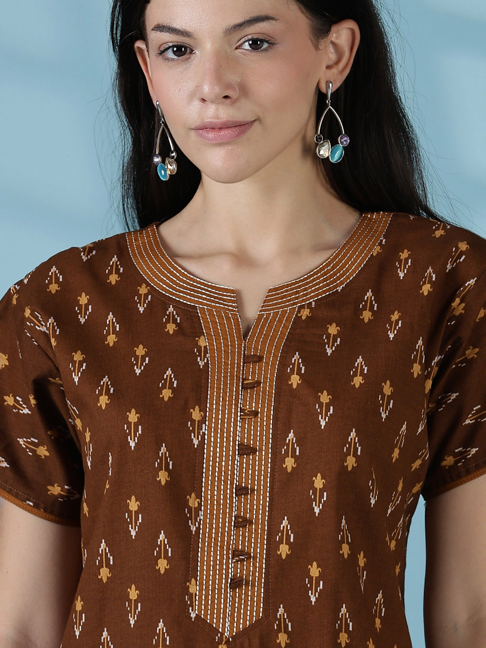 Brown ikat print 100% pure cotton nighty for women online