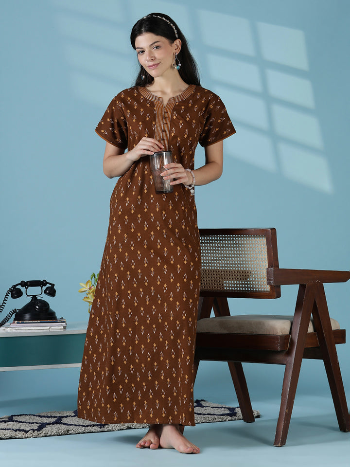 Brown ikat print 100% pure cotton nighty for women online
