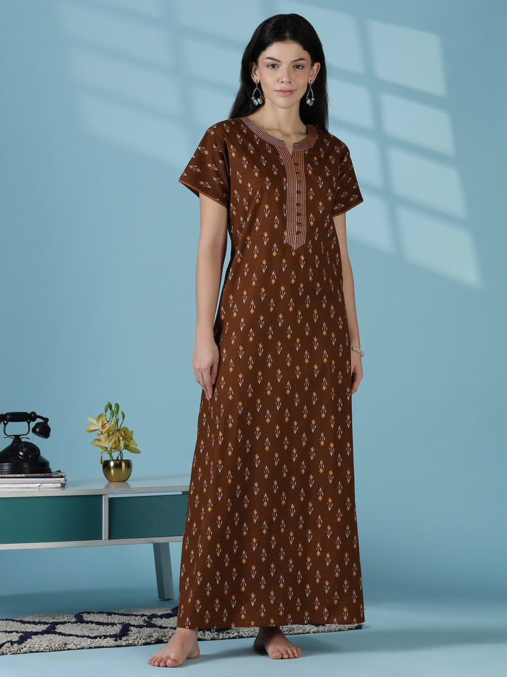 Brown ikat print 100% pure cotton nighty for women online
