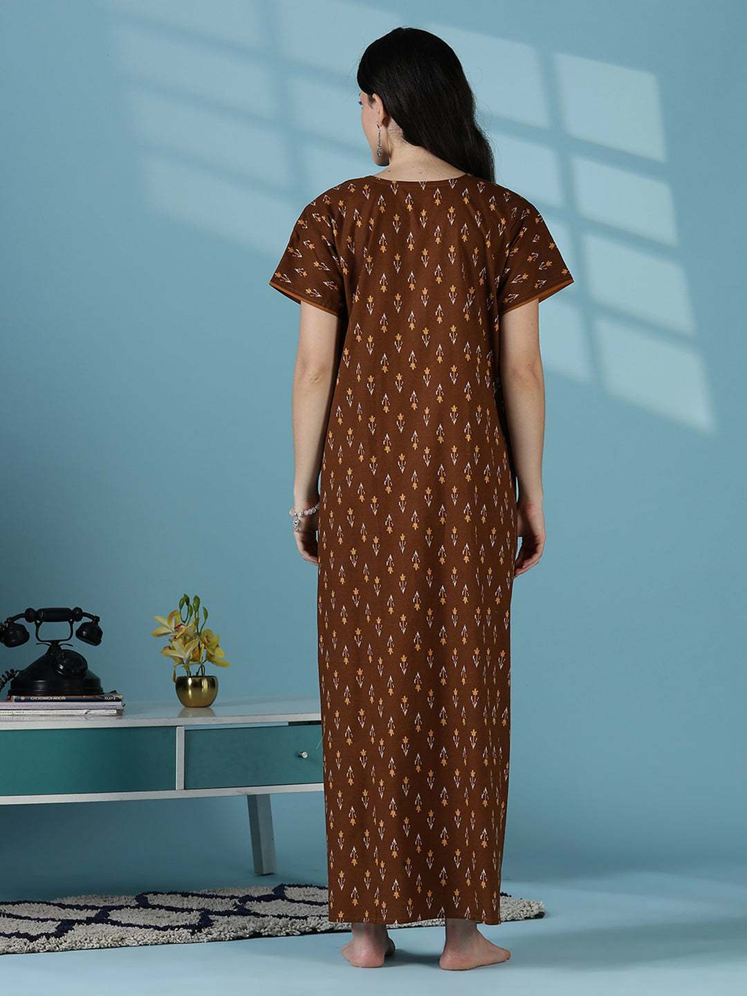 Brown ikat print 100% pure cotton nighty for women online