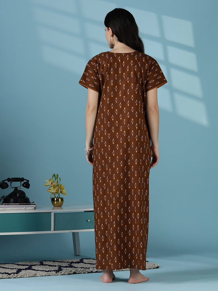 Brown ikat print 100% pure cotton nighty for women online