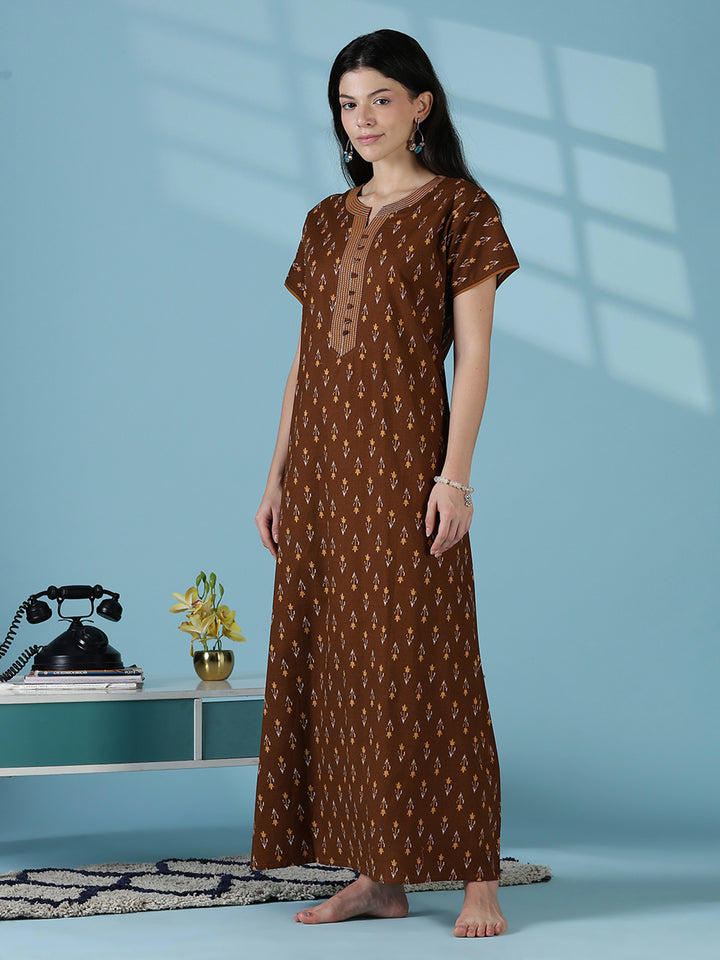 Brown ikat print 100% pure cotton nighty for women online
