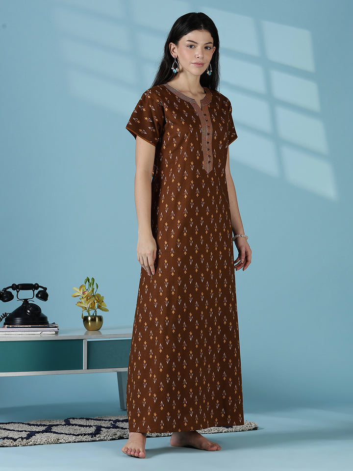 Brown ikat print 100% pure cotton nighty for women online