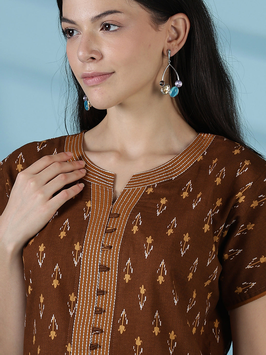 Brown ikat print 100% pure cotton nighty for women online