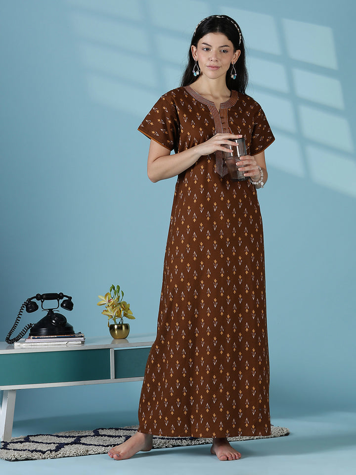 Brown ikat print 100% pure cotton nighty for women online