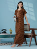 Brown Ikat A Line Relaxed Fit Cotton Night Dress For Women