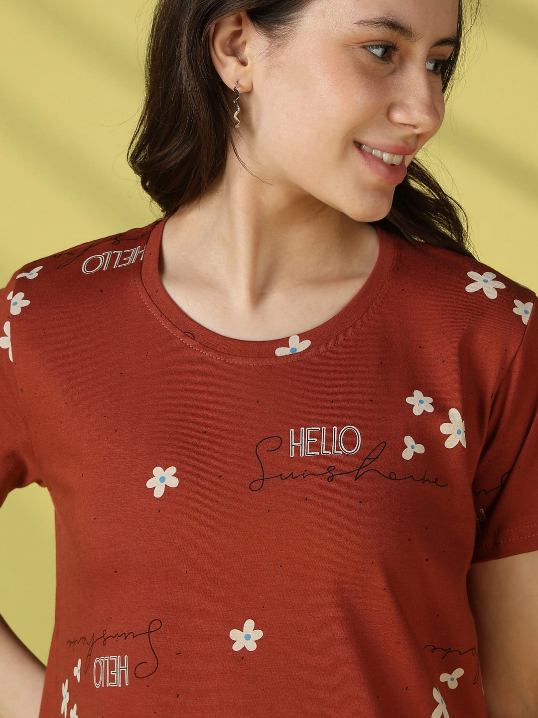Brown floral hosiery cotton short nighty for women online