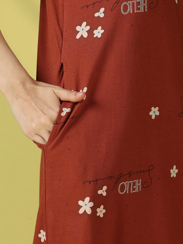 Brown floral hosiery cotton short nighty for women online