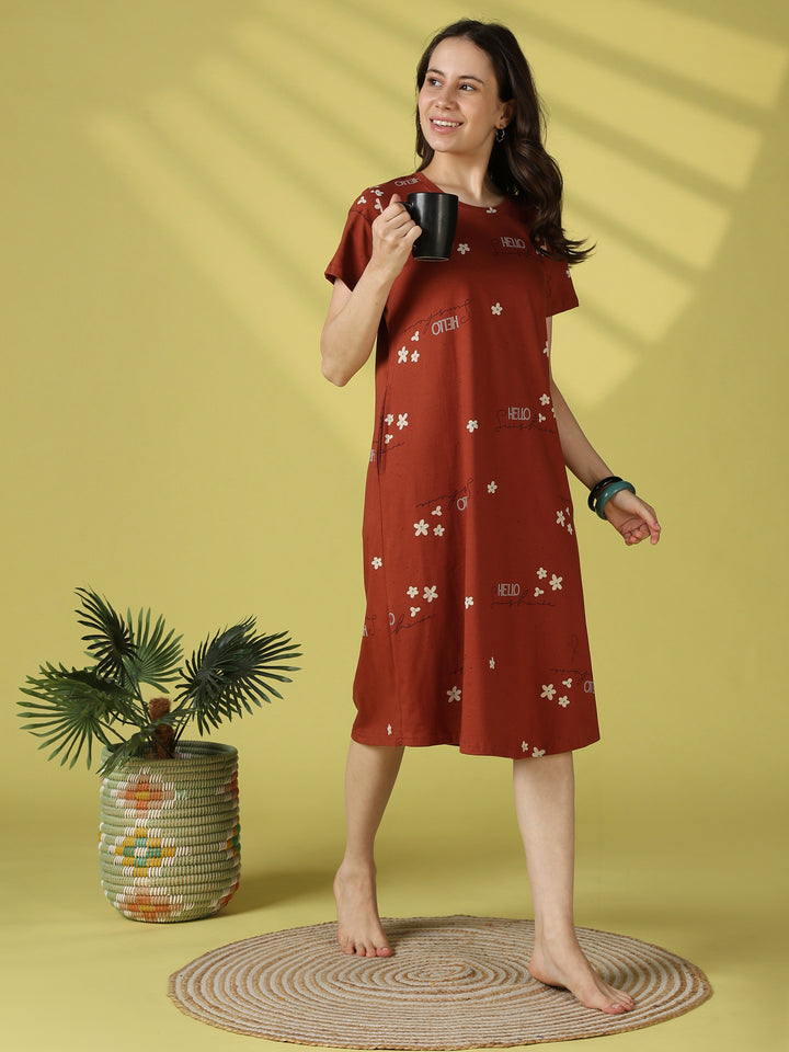 Brown floral hosiery cotton short nighty for women online