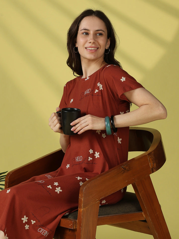 Brown floral hosiery cotton short nighty for women online