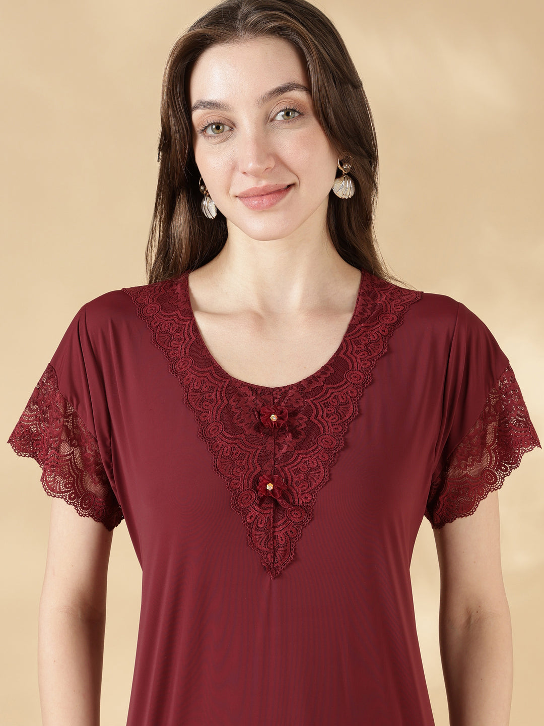 Malai lace modern nighty for women In burgundy