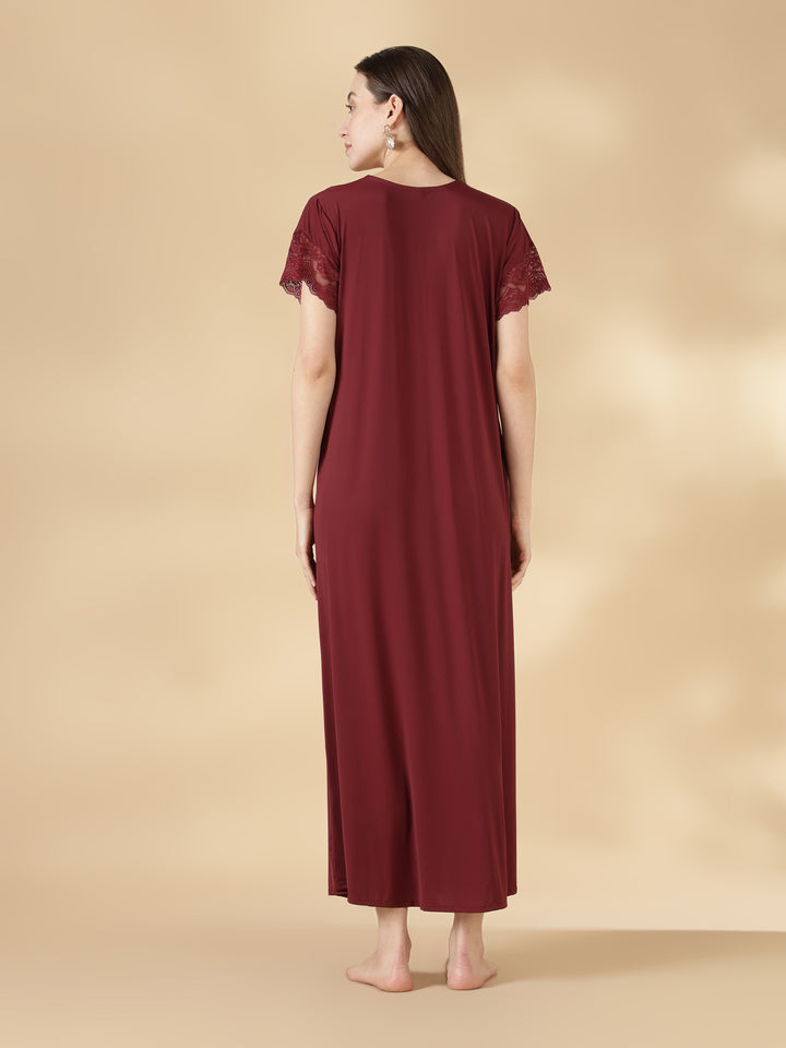 Malai lace modern nighty for women In burgundy