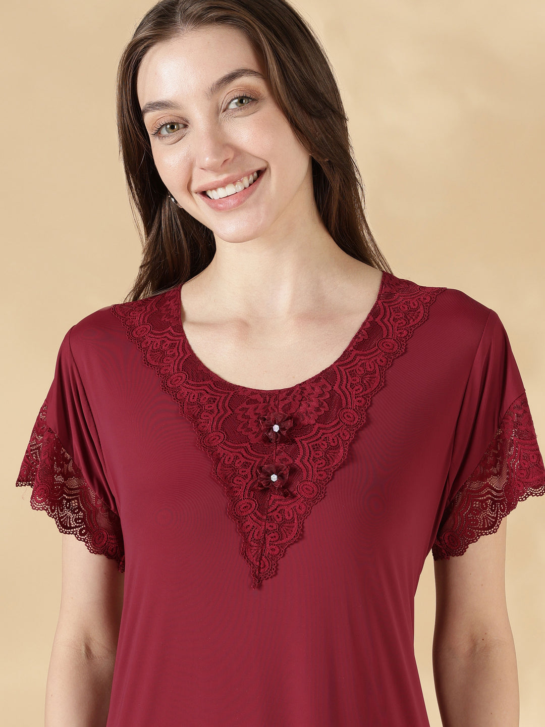 Comfortable malai lace nightwear for women in burgundy
