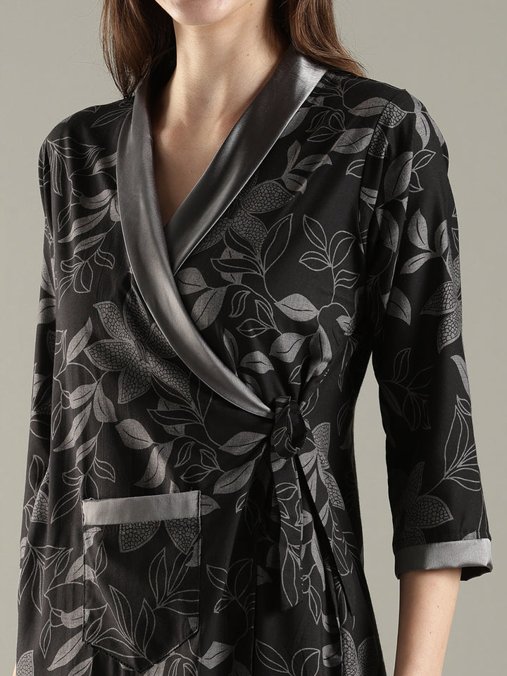 Viscose fabric wrap style charcoal black womens house coat