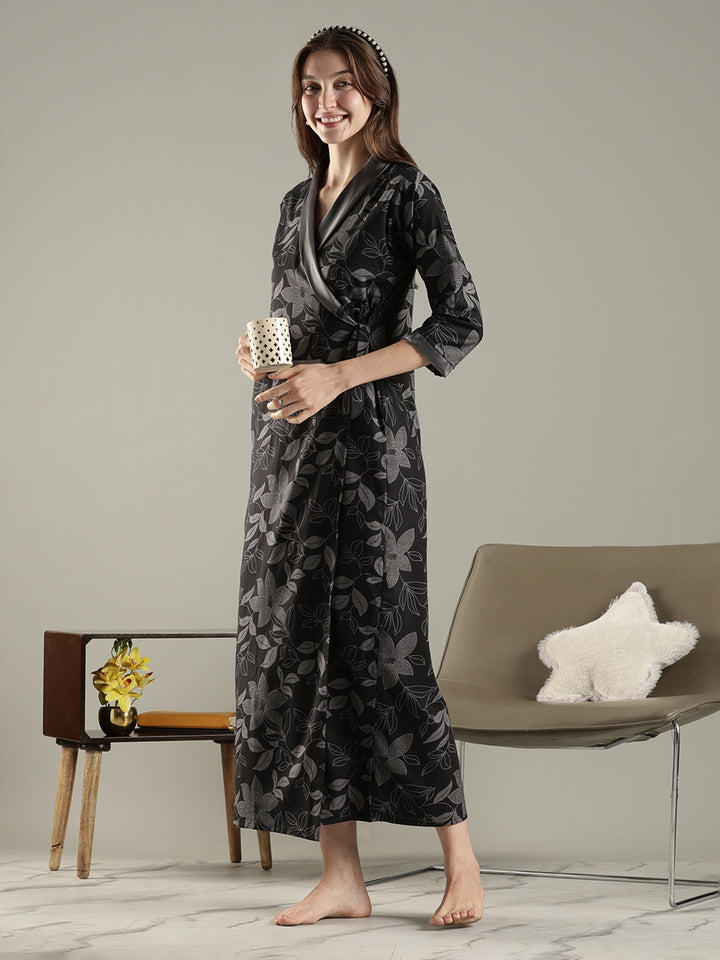 Viscose fabric wrap style charcoal black womens house coat