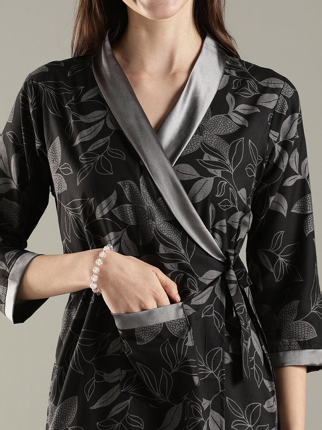 Viscose fabric wrap style charcoal black womens house coat