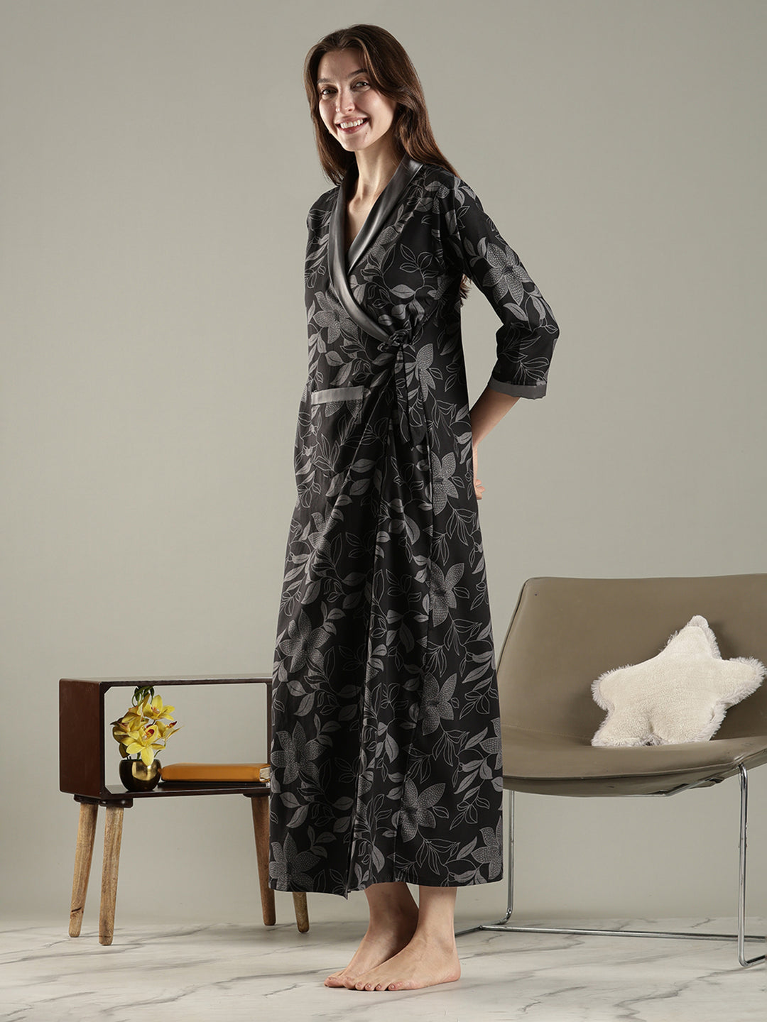 Viscose fabric wrap style charcoal black womens house coat