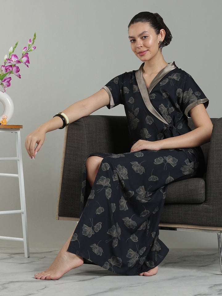 Charcoal black viscose blend classy housecoat for women