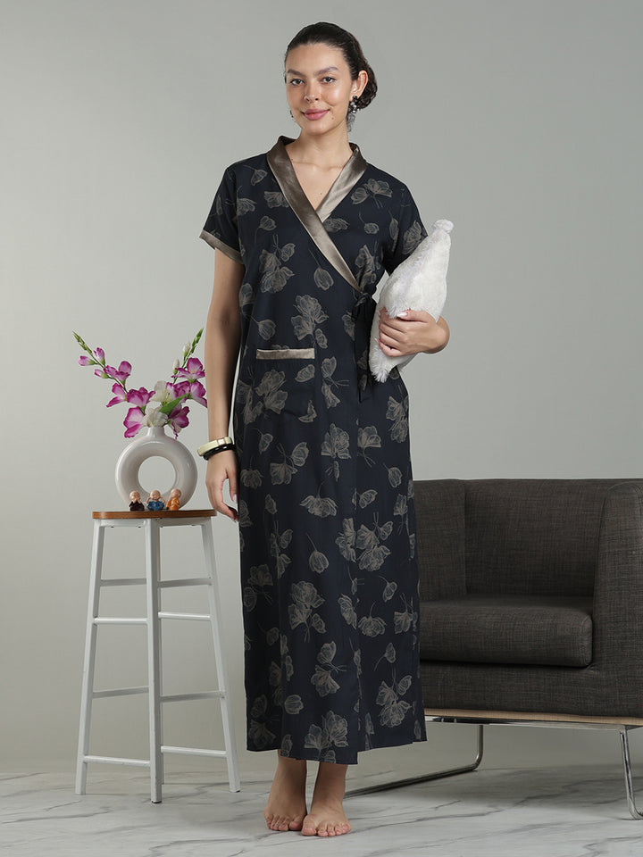 Charcoal black viscose blend classy housecoat for women