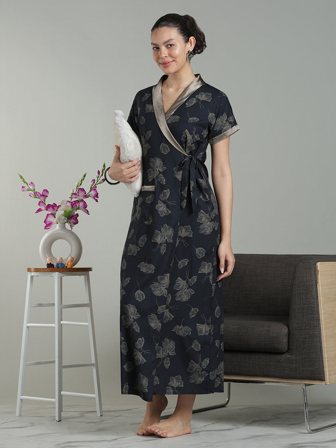 Charcoal black viscose blend classy housecoat for women