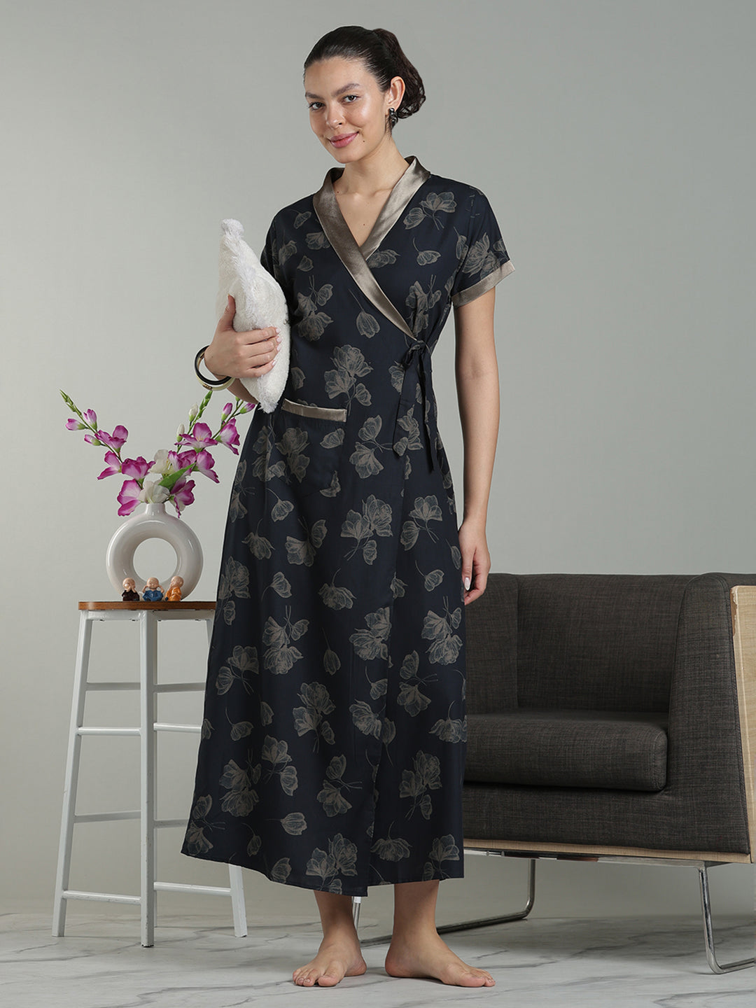 Charcoal black viscose blend classy housecoat for women
