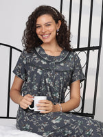 Petal Olive Alpine Floral Nightwear For Women with Pleated A Line Fit