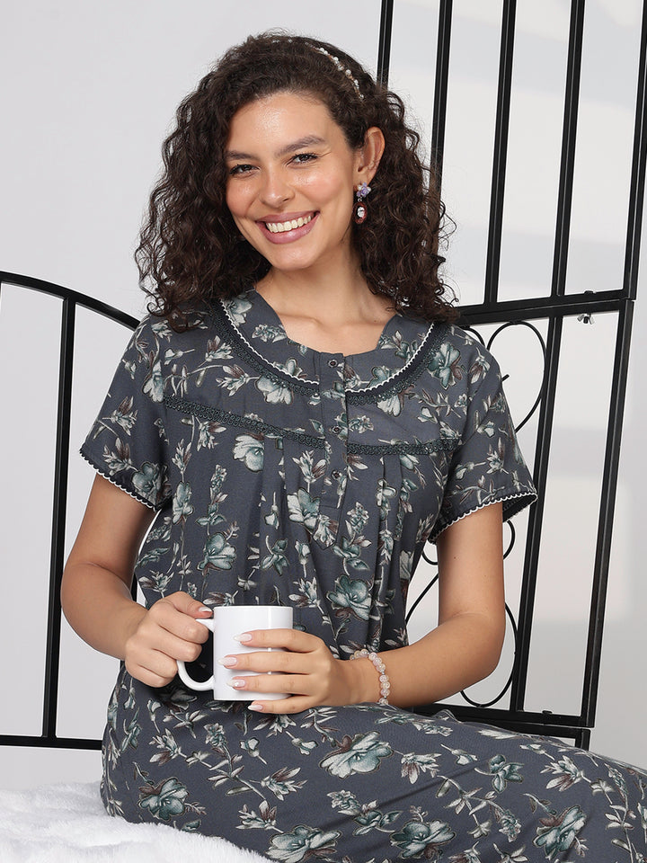 Charcoal grey alpine floral summer nighty for women with short sleeves