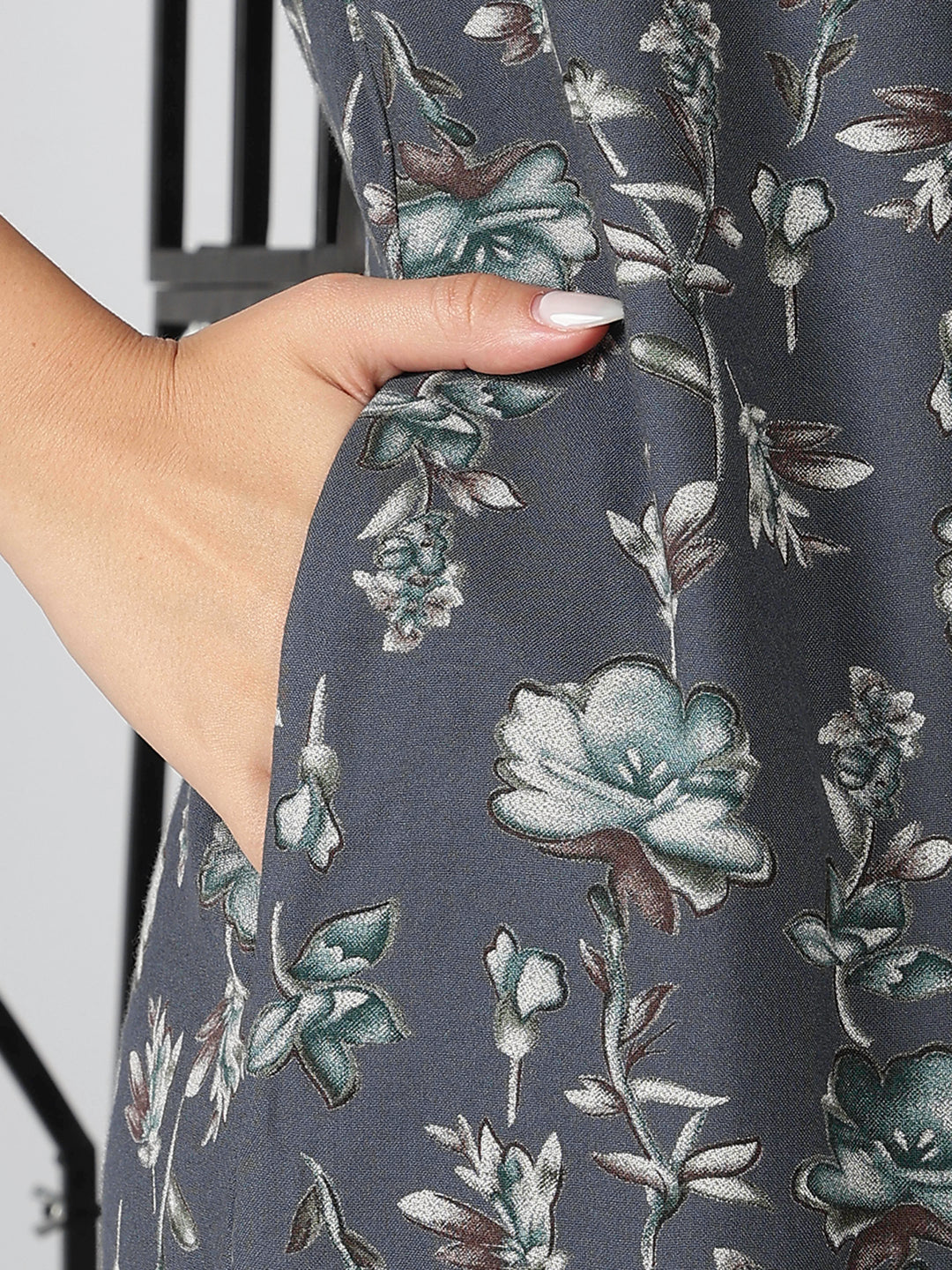 Charcoal grey alpine floral summer nighty for women with short sleeves