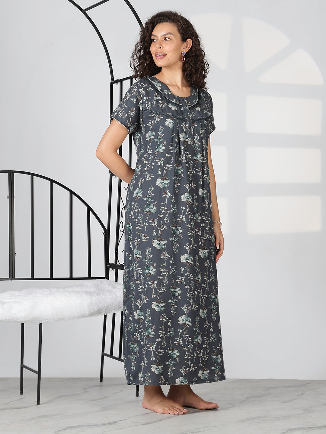 Charcoal grey alpine floral summer nighty for women with short sleeves