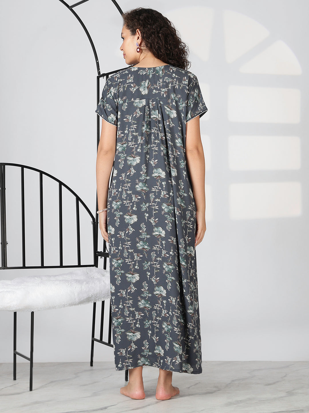 Charcoal grey alpine floral summer nighty for women with short sleeves