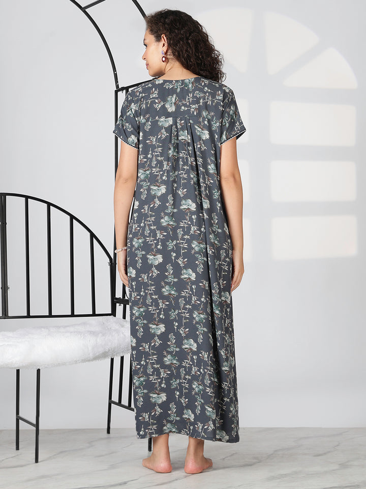 Charcoal grey alpine floral summer nighty for women with short sleeves