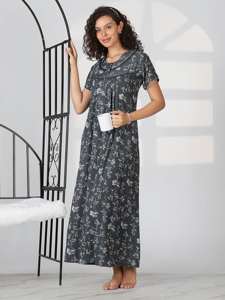 Charcoal grey alpine floral summer nighty for women with short sleeves