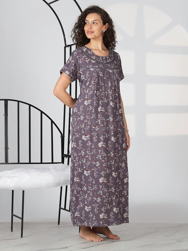 Charcoal lavender alpine floral summer nighty for women